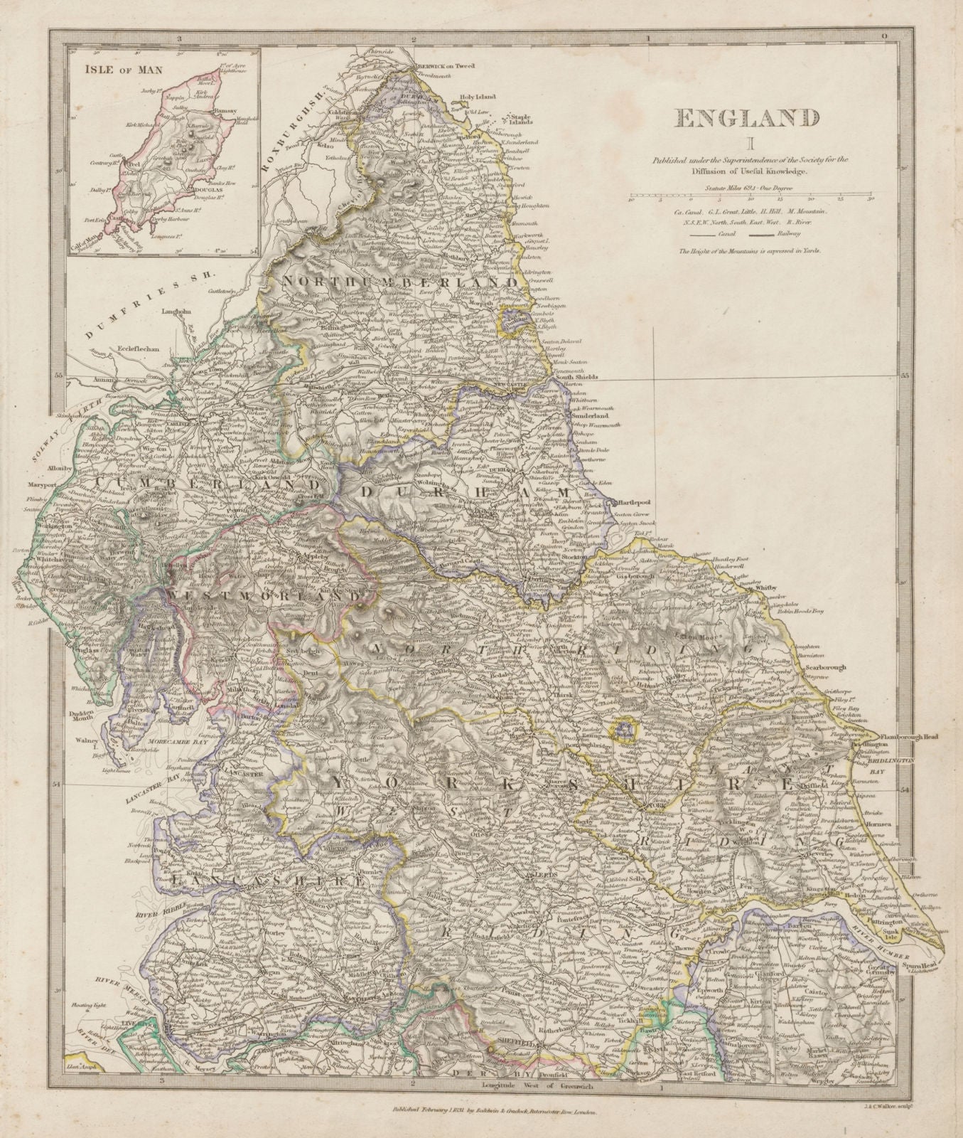 ENGLAND NORTH.Yorkshire Cumbs Lancs Durham Northumbs;Isle of Man SDUK 1844 map